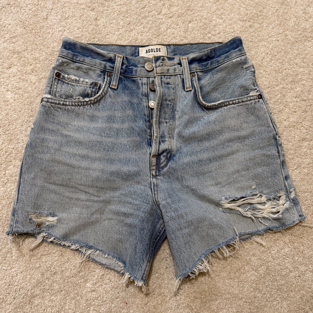 Agolde Riley Distressed Light Blue Jean Shorts